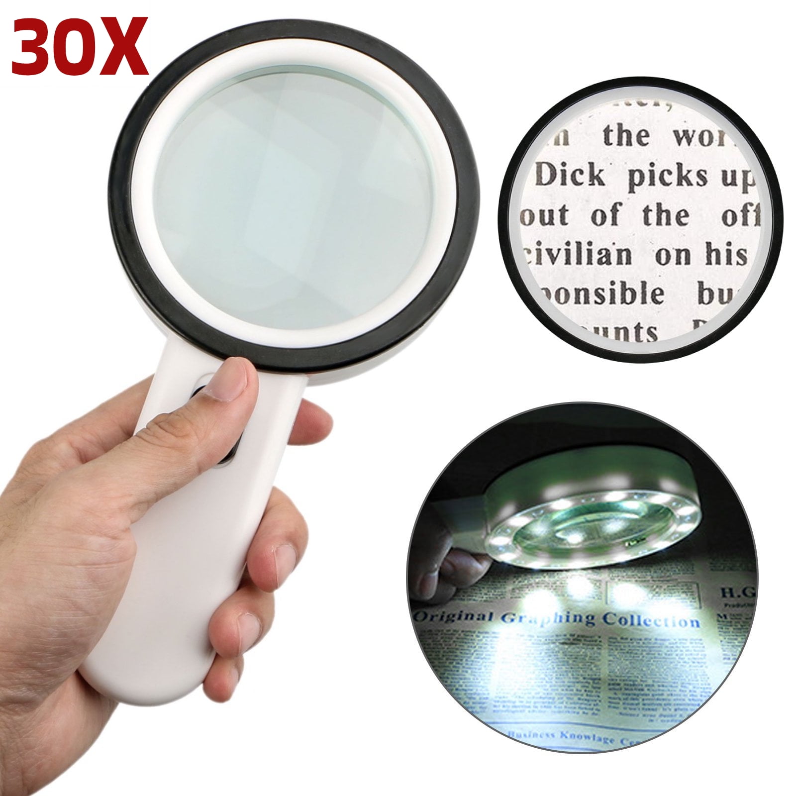 30X Handheld Magnifying Glass, DISEN 12 LEDs Illuminated Magnifier, High Power Handheld Lighted Magnifier, Large Double Glass Lens Acrylic Magnifiers for Seniors Reading, Coins, Stamps, Inspection